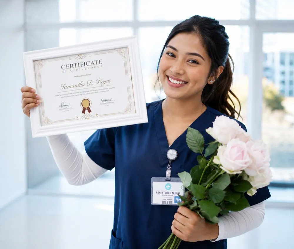 A smiling internationally educated nurse holding her Registered Nurse certificate and ID badge